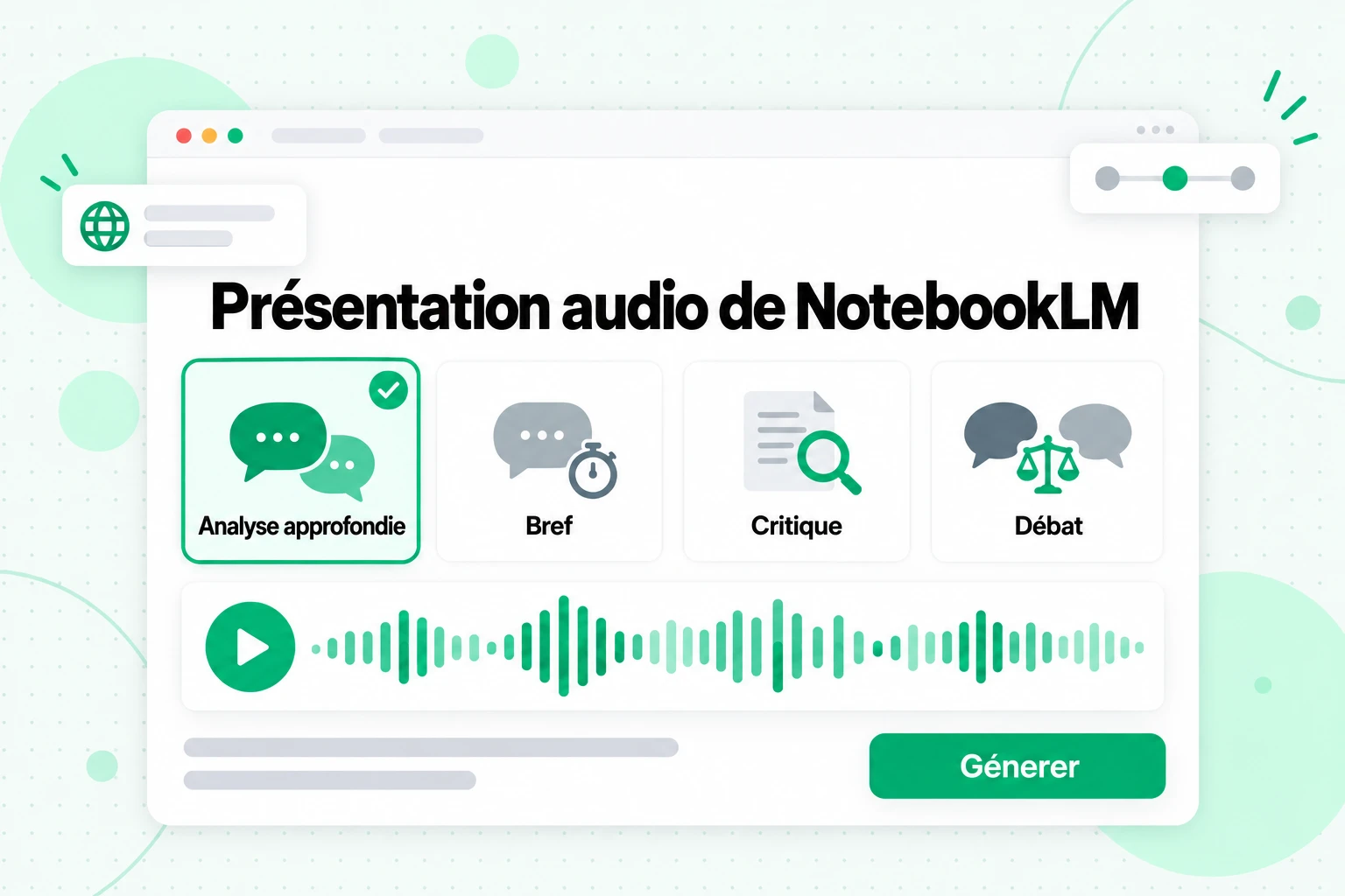 Présentation audio de NotebookLM : quatre formats au choix, Analyse approfondie, Bref, Critique et Débat, avant la génération