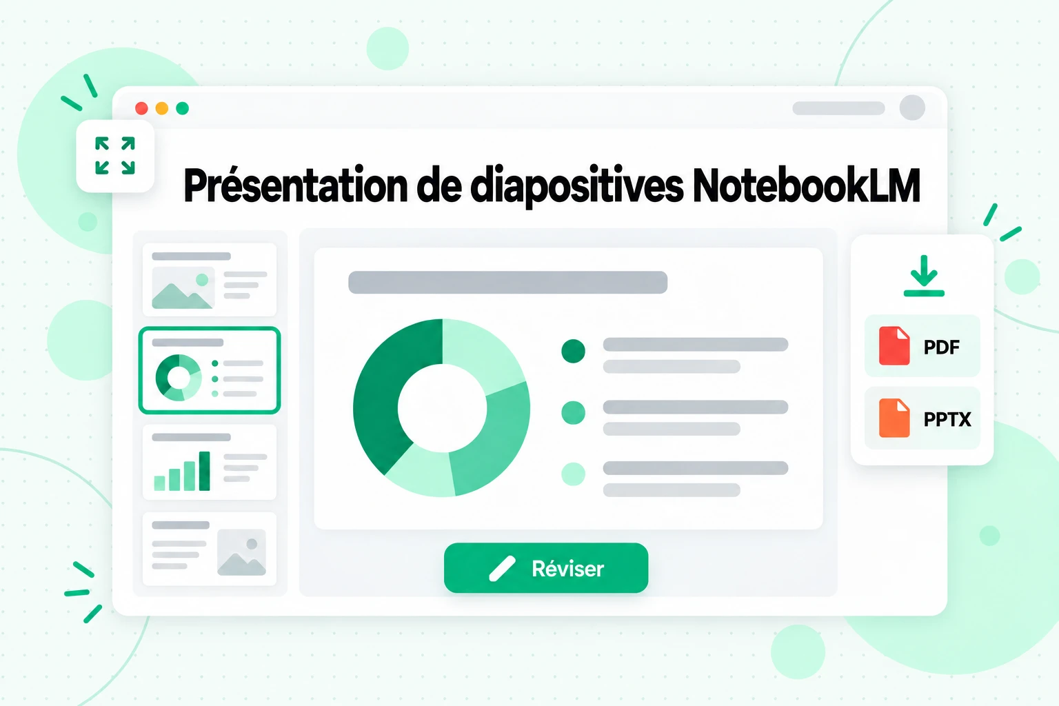 Présentation de diapositives NotebookLM : diapositives générées à partir de vos sources, révisées diapositive par diapositive et téléchargées au format PDF ou PPTX