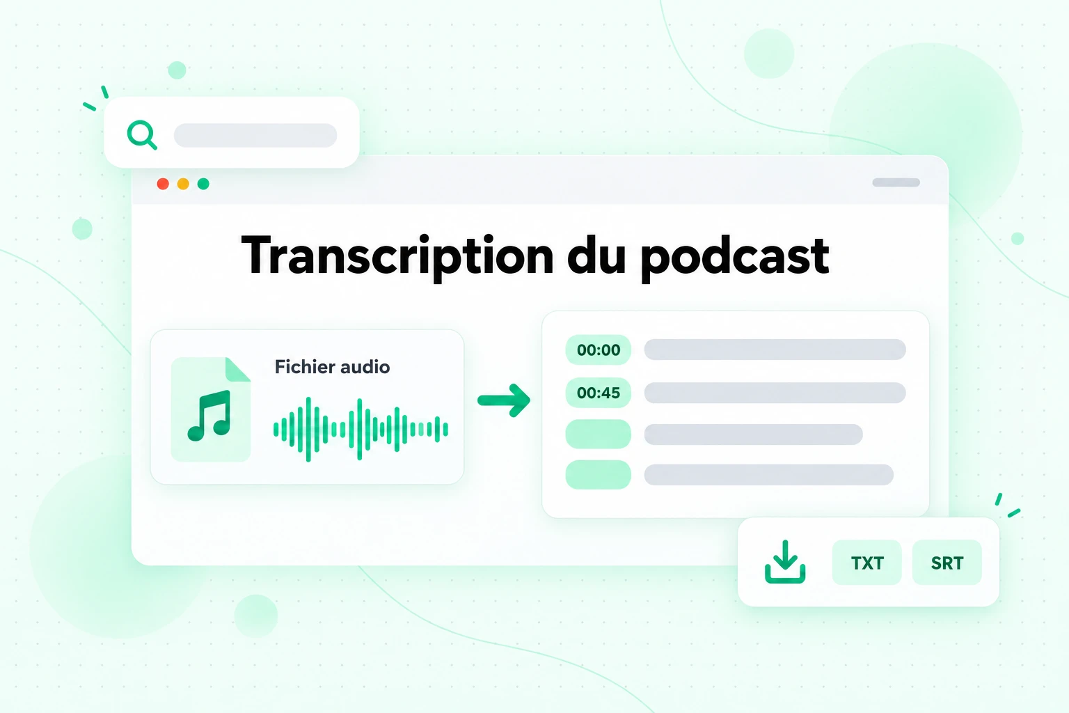 Transcription du podcast : un fichier d'aperçu audio téléchargé converti en texte horodaté et exporté au format TXT ou SRT