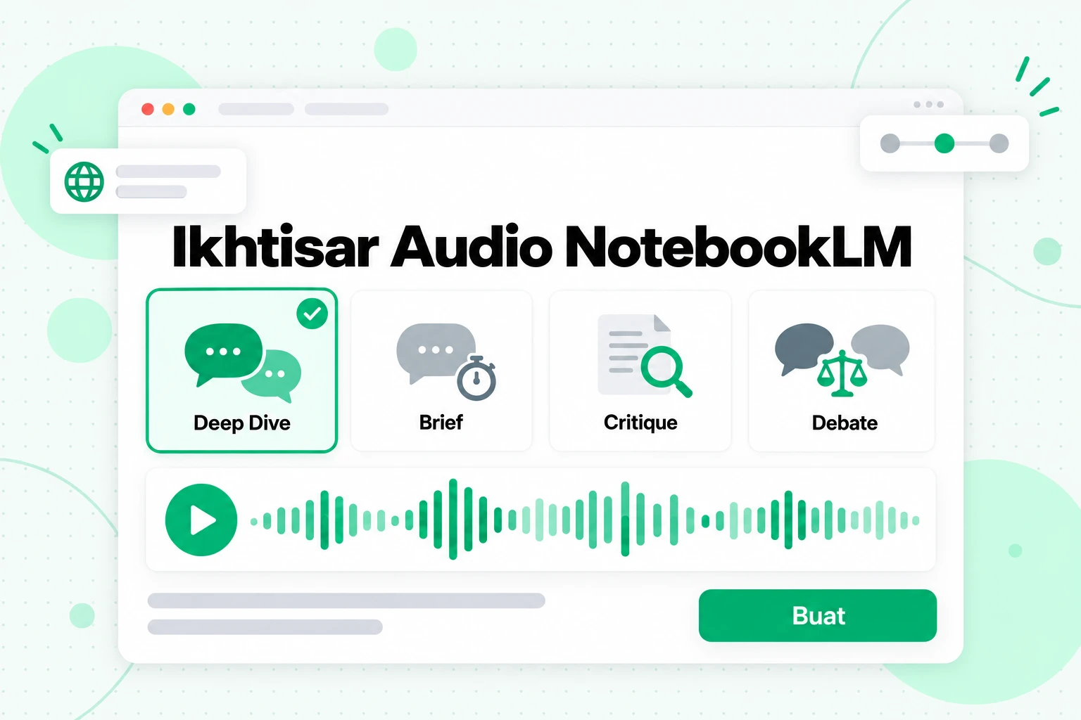 Ikhtisar Audio NotebookLM: empat format yang dapat dipilih, Deep Dive, Brief, Critique, dan Debate, sebelum membuatnya