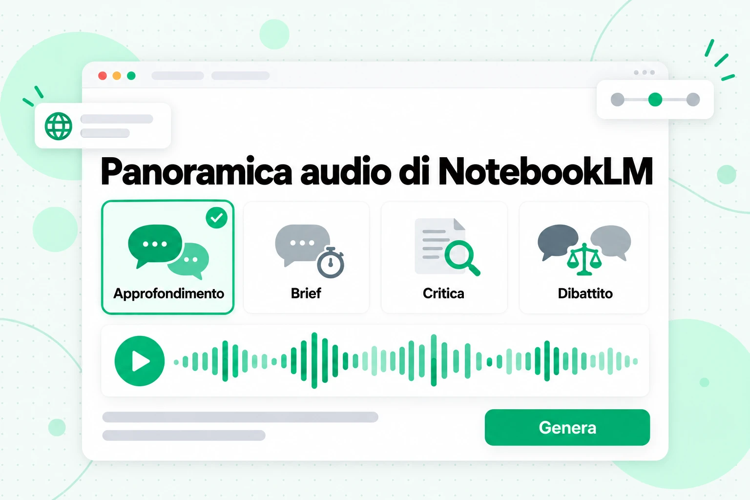Panoramica audio di NotebookLM: quattro formati tra cui scegliere, Approfondimento, Brief, Critica e Dibattito, prima della generazione