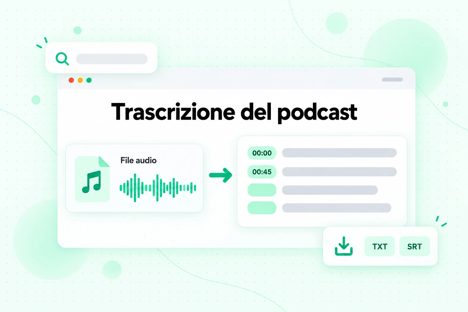 Trascrizione del podcast: un file di panoramica audio scaricato convertito in testo con timestamp ed esportato come TXT o SRT