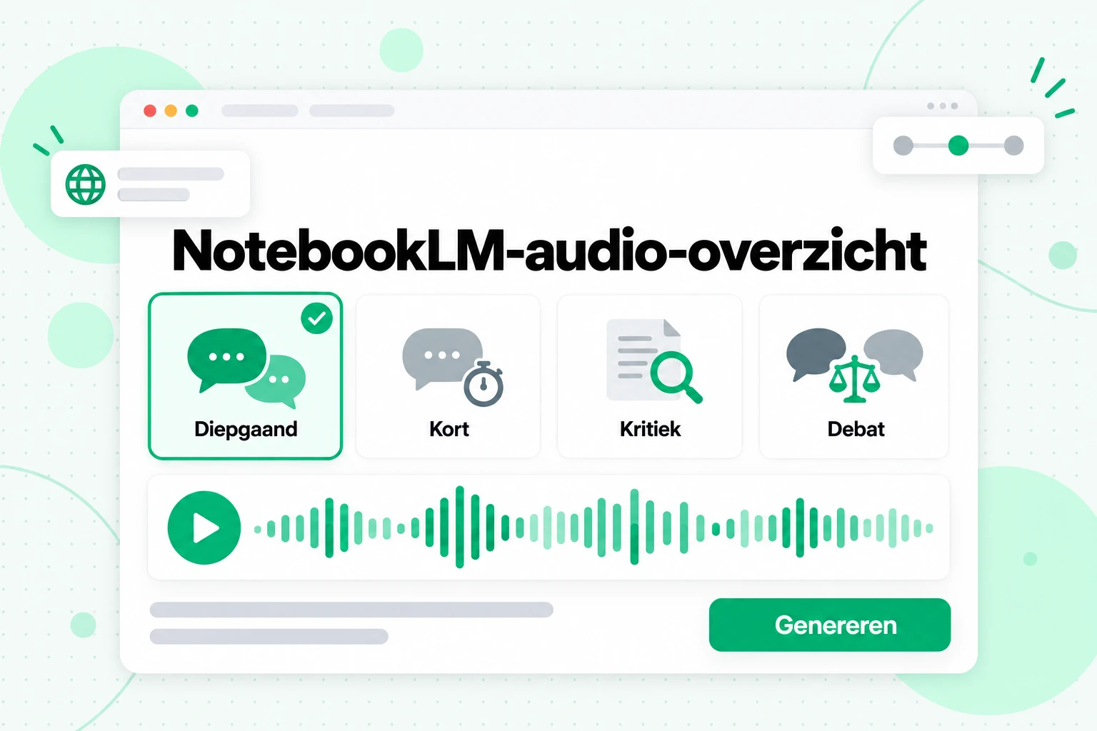 NotebookLM-audio-overzicht: vier indelingen om uit te kiezen — Diepgaand, Kort, Kritiek en Debat — voordat je genereert