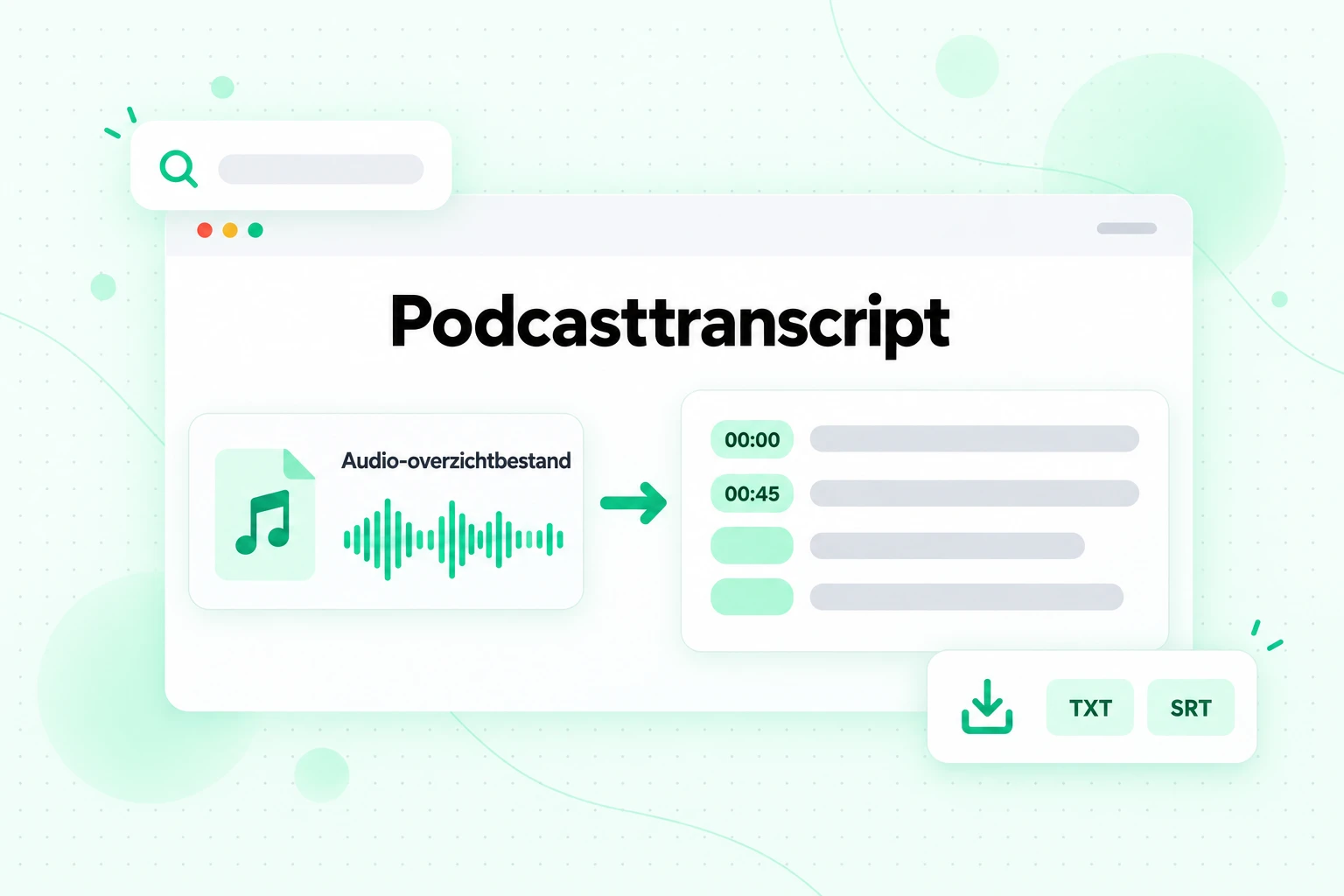 Podcasttranscript: een gedownload audio-overzichtbestand omgezet in tekst met tijdstempels en geëxporteerd als TXT of SRT