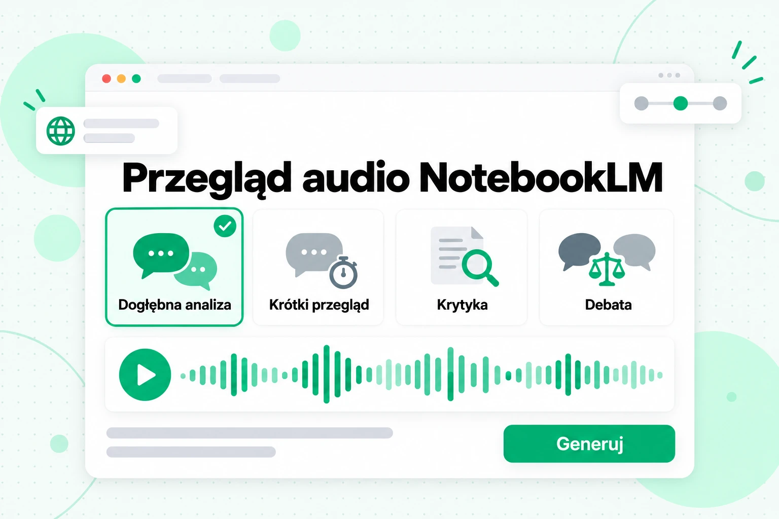 Przegląd audio NotebookLM: cztery formaty do wyboru — Dogłębna analiza, Krótki przegląd, Krytyka i Debata — przed wygenerowaniem