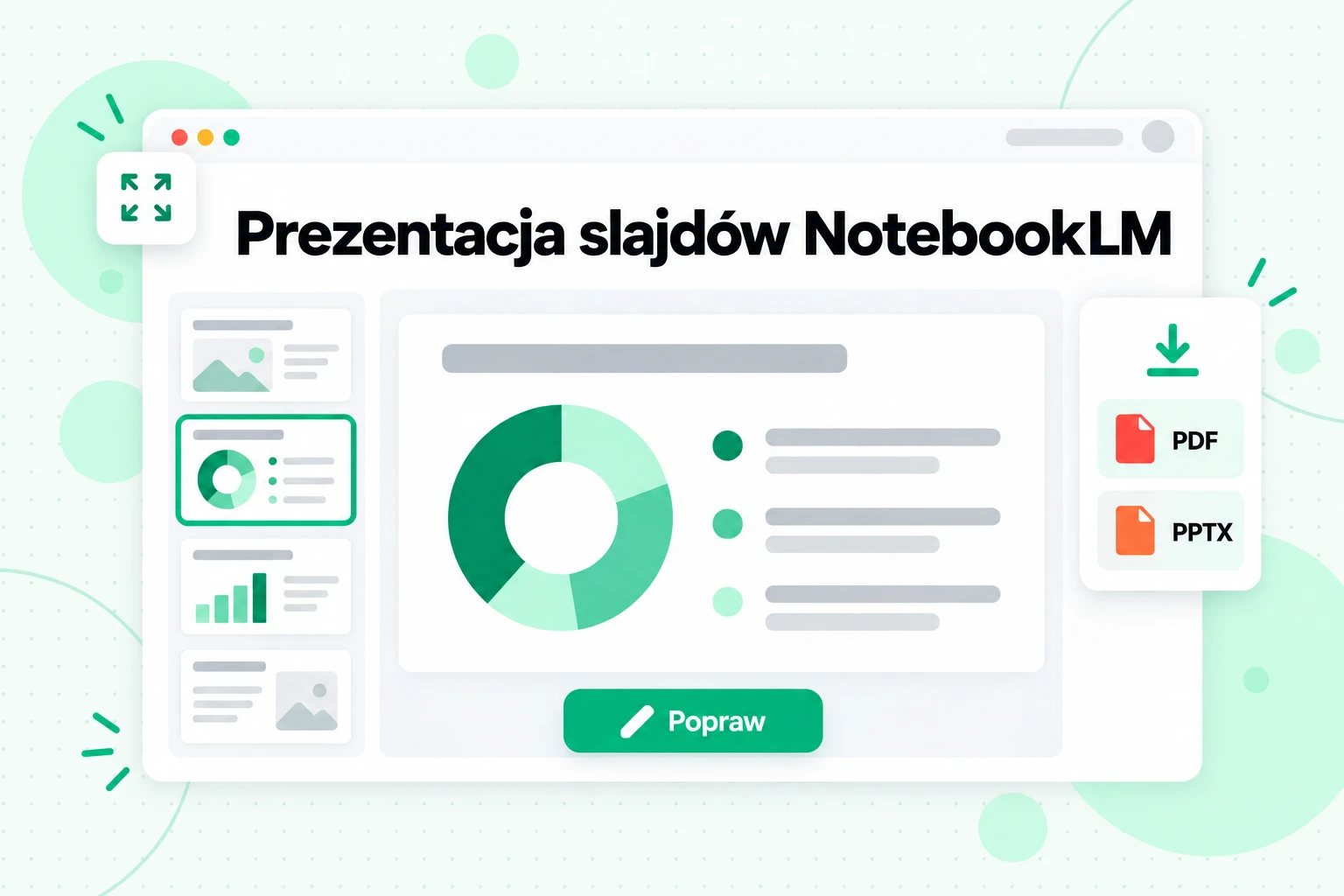 Prezentacja slajdów NotebookLM: slajdy wygenerowane na podstawie źródeł, poprawiane slajd po slajdzie i pobierane jako PDF lub PPTX
