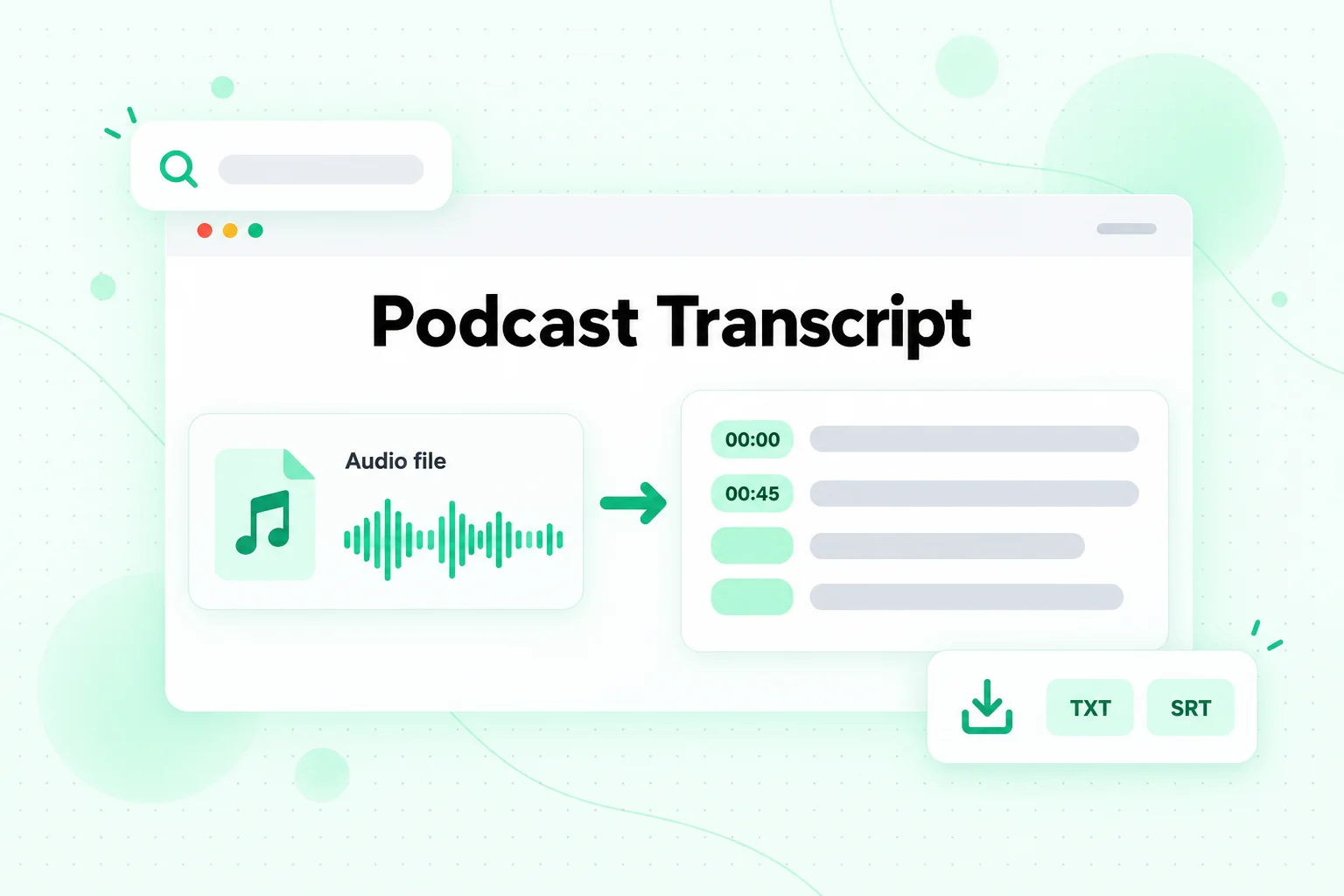 Podcast transcript: a downloaded Audio Overview file converted into timestamped text and exported as TXT or SRT