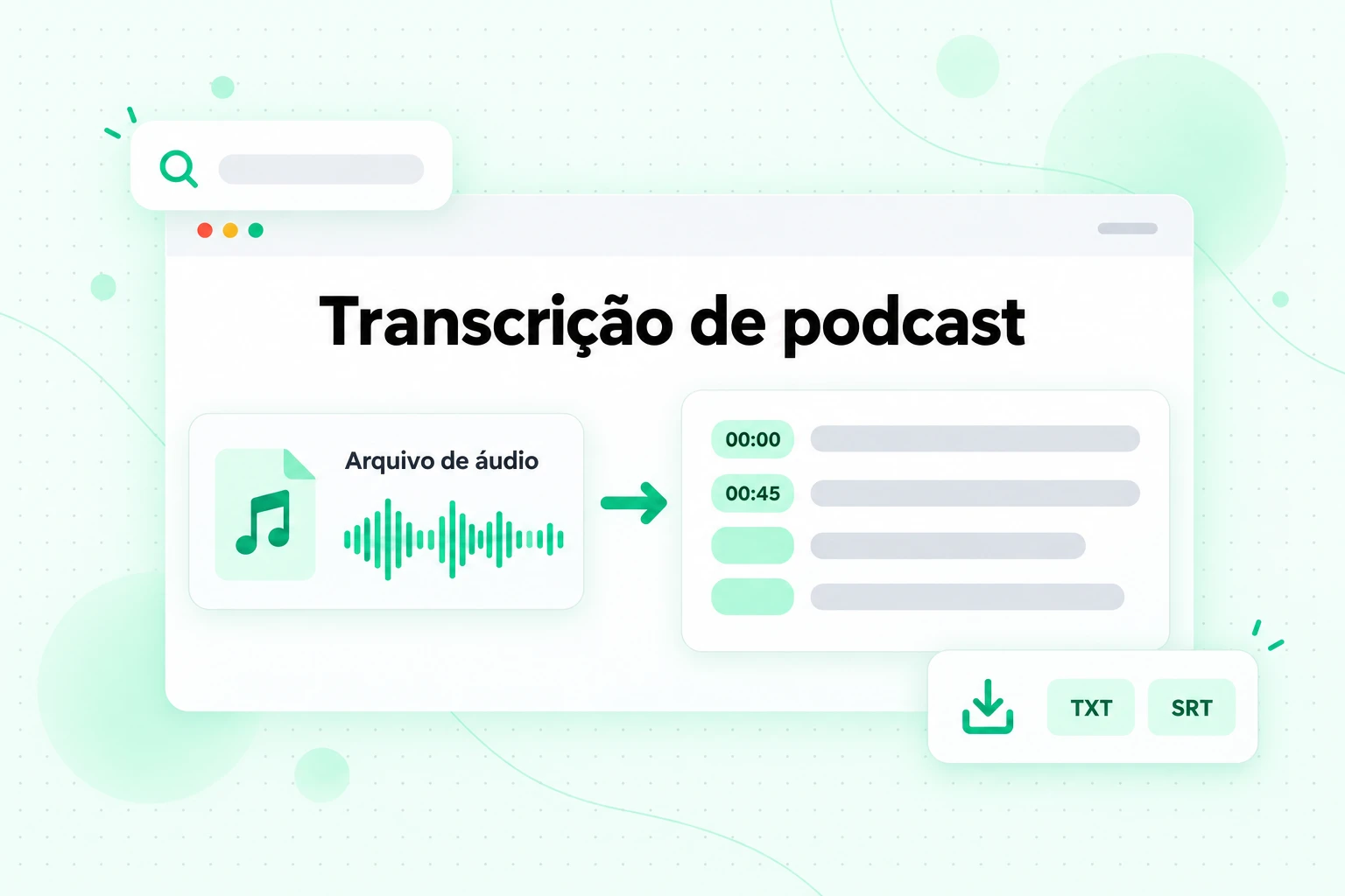 Transcrição de podcast: um arquivo de Resumo em áudio baixado, convertido em texto com marcações de tempo e exportado como TXT ou SRT