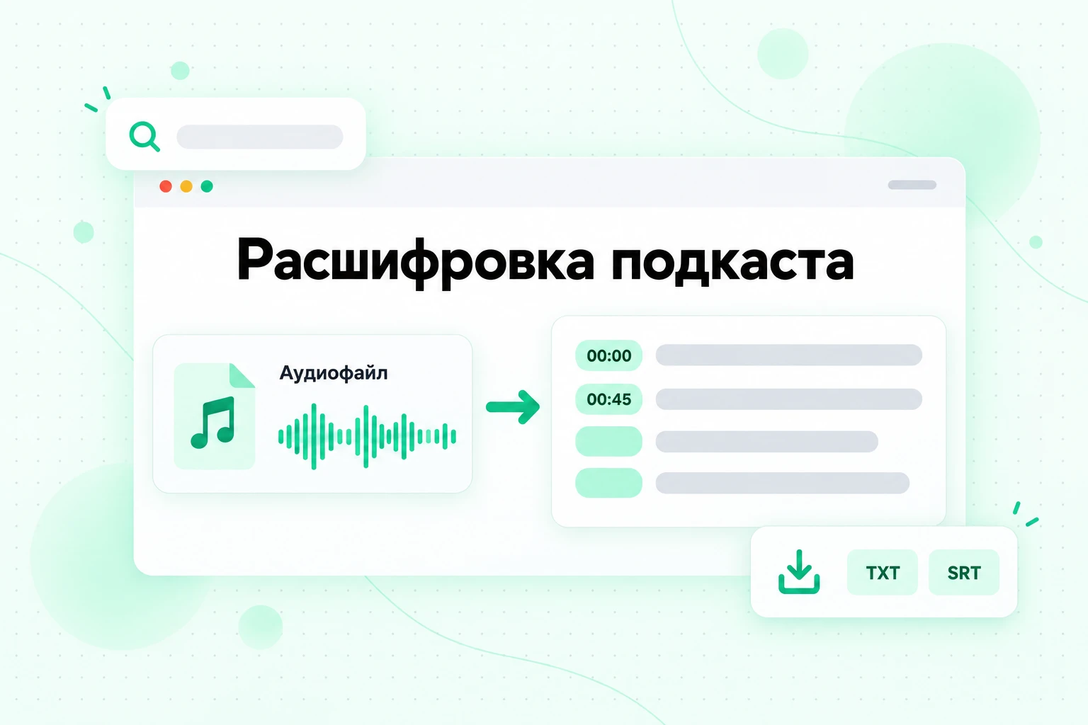 Расшифровка подкаста: скачанный файл аудиообзора преобразован в текст с временными метками и экспортирован в формате TXT или SRT
