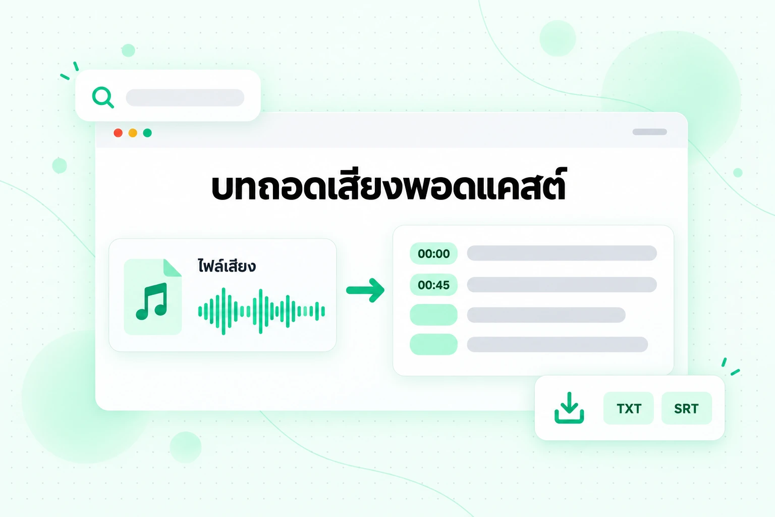บทถอดเสียงพอดแคสต์: ไฟล์ภาพรวมเสียงที่ดาวน์โหลดมาแปลงเป็นข้อความพร้อมการประทับเวลา และส่งออกเป็น TXT หรือ SRT