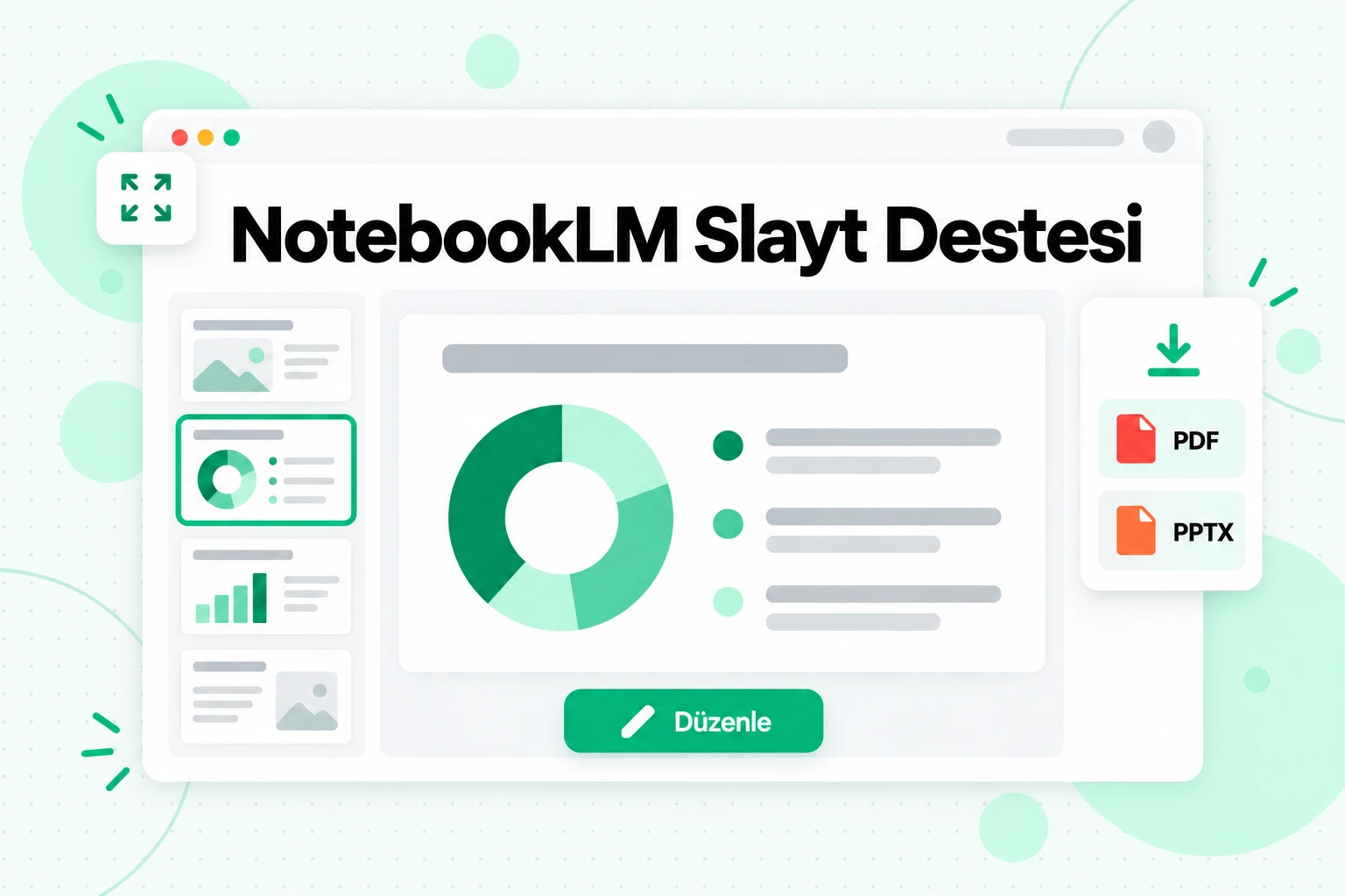 NotebookLM Slayt Destesi: kaynaklarınızdan oluşturulan, slayt slayt düzenlenen ve PDF veya PPTX olarak indirilen slaytlar