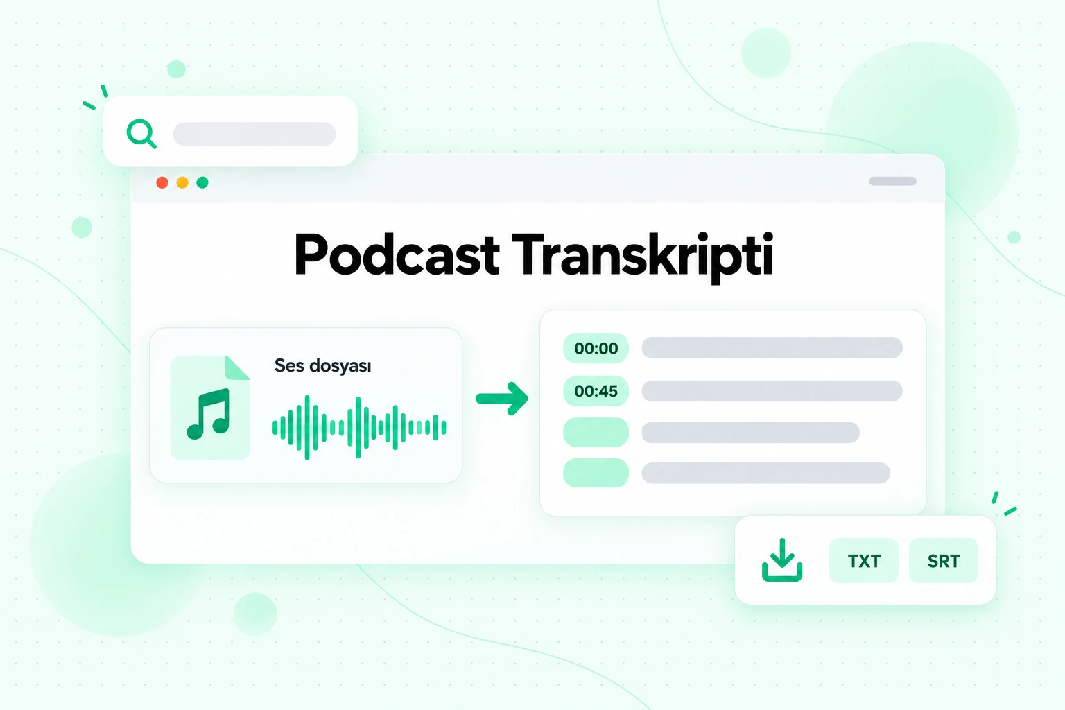Podcast transkripti: indirilen bir Sesli Genel Bakış dosyasının zaman damgalı metne dönüştürülmesi ve TXT veya SRT olarak dışa aktarılması