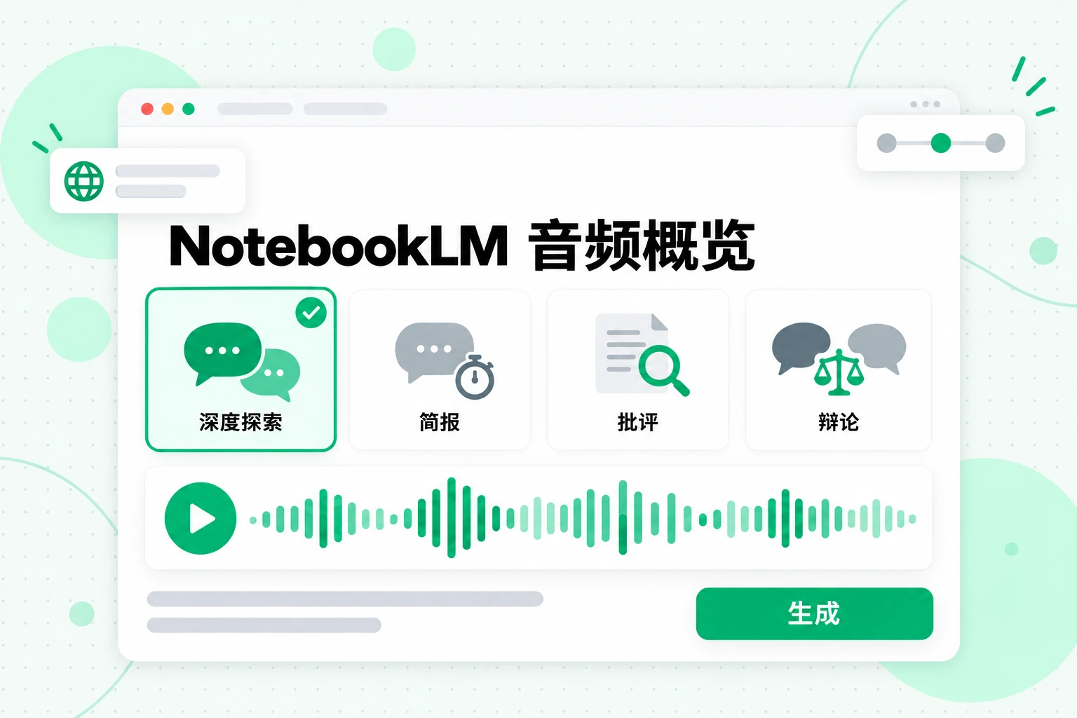 NotebookLM 音频概览:生成前可选择四种格式:深度探索、简报、批评和辩论