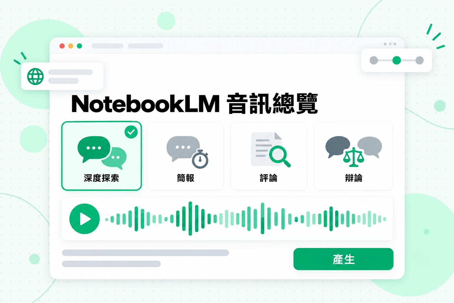 NotebookLM 音訊總覽:產生前可選擇四種格式:深度探索、簡報、評論與辯論