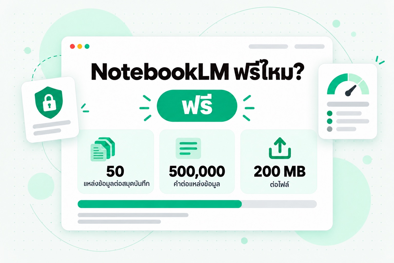 NotebookLM ฟรีไหม: แผนฟรีเพิ่มแหล่งข้อมูลได้ 50 รายการต่อสมุดบันทึก 500,000 คำต่อแหล่งข้อมูล และ 200 MB ต่อไฟล์ที่อัปโหลด