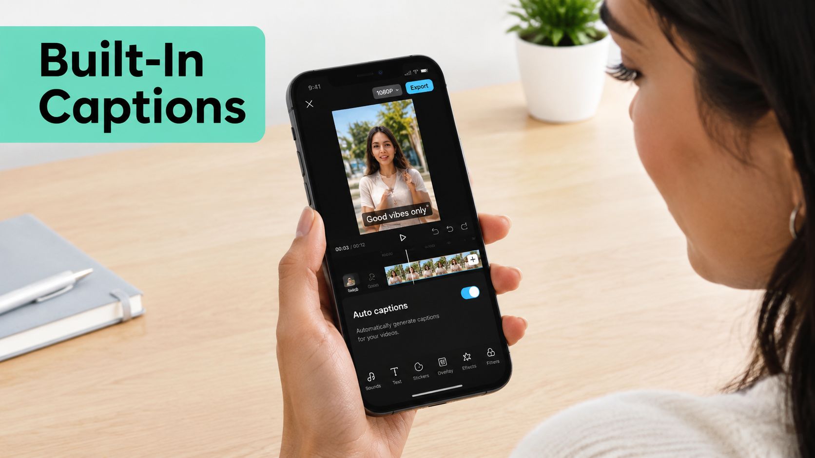 A phone in a video app with the automatic captions switch turned on