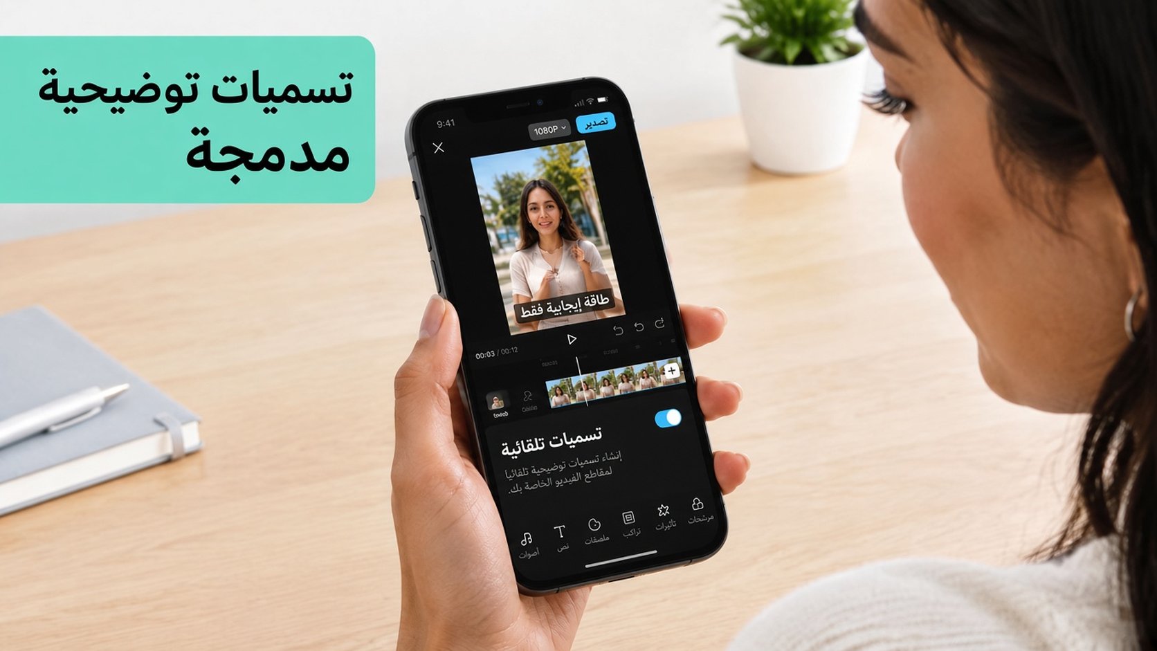 هاتف في تطبيق فيديو مع تشغيل مفتاح التسميات التوضيحية التلقائية