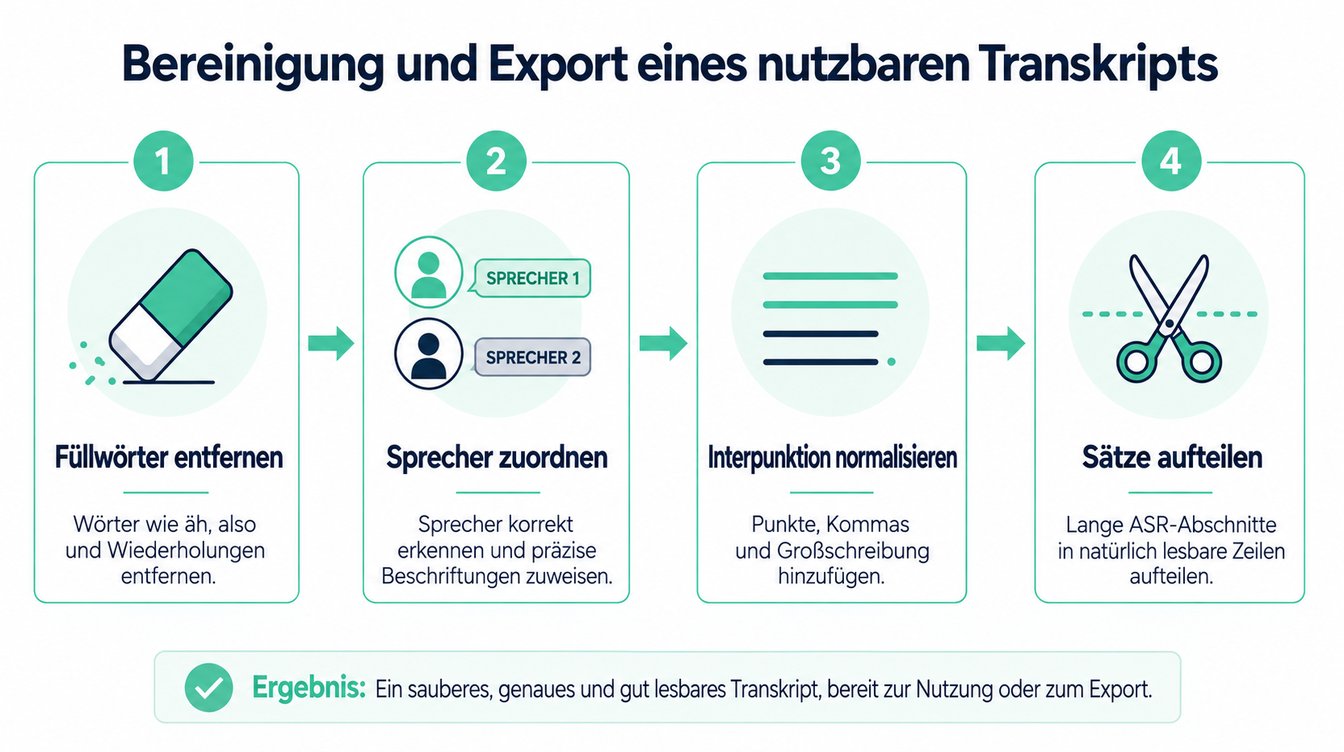 Eine vierstufige Infografik, die den Prozess der Bereinigung und Formatierung eines Transkripts zur besseren Lesbarkeit veranschaulicht.