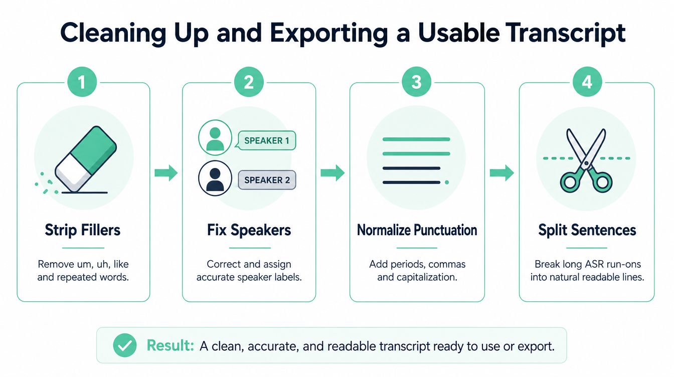 A four-step infographic illustrating the process of cleaning up and formatting a transcript for better readability.