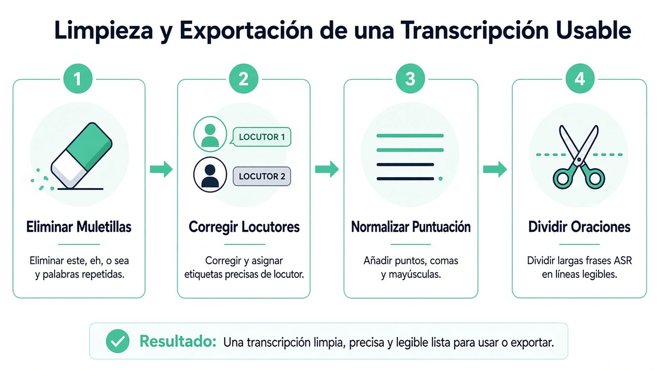 Infografía de cuatro pasos que ilustra el proceso de limpieza y formato de una transcripción para mejorar su legibilidad.