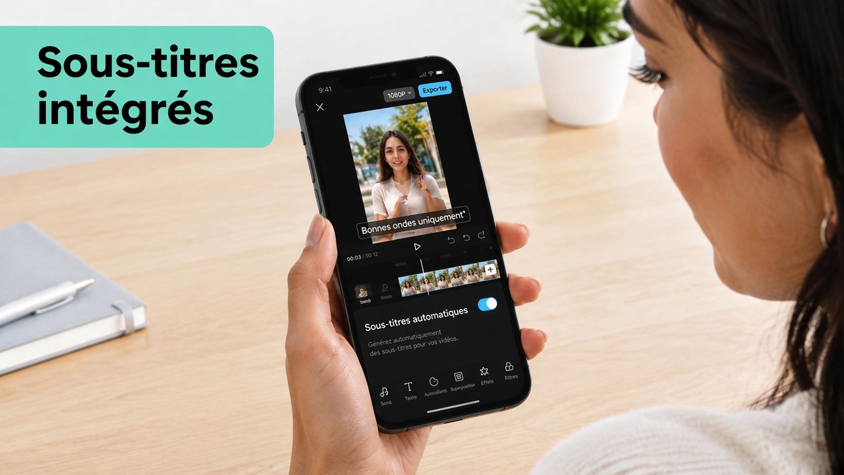 Un téléphone dans une application vidéo avec l'interrupteur des sous-titres automatiques activé
