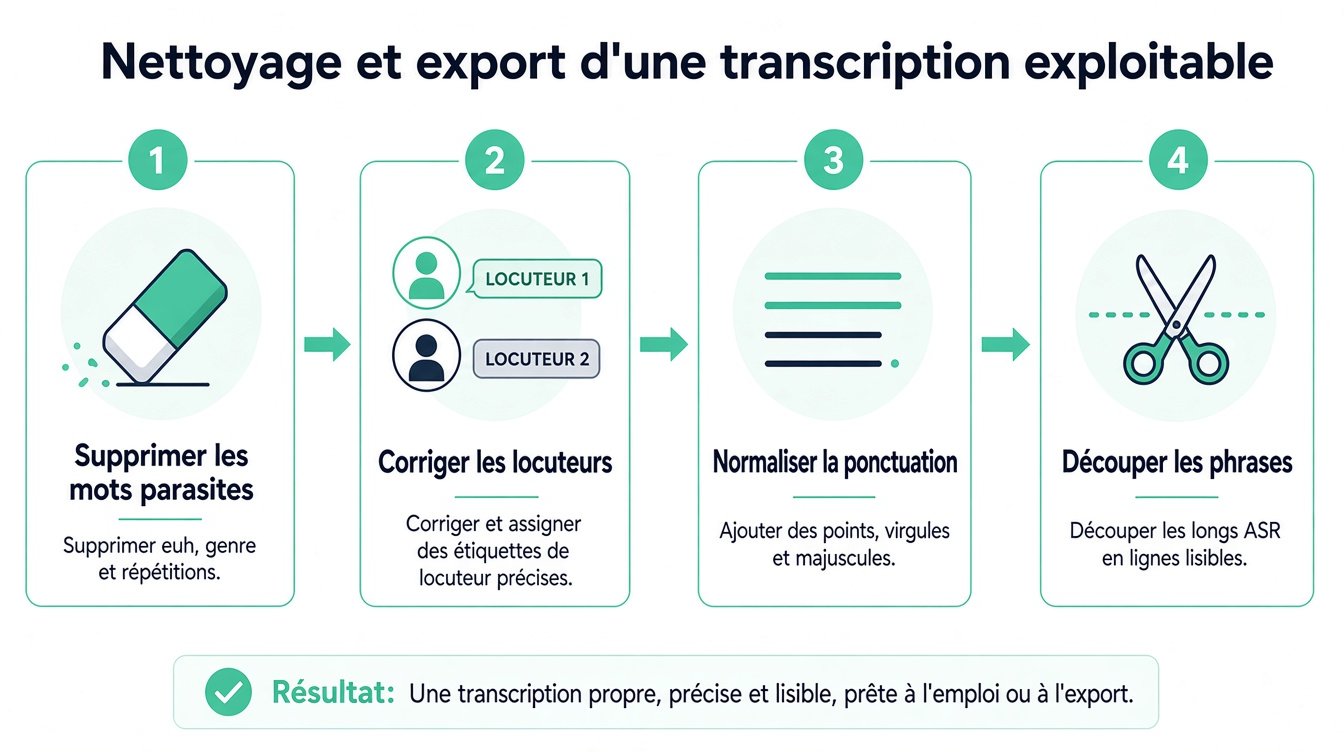 Une infographie en quatre étapes illustrant le processus de nettoyage et de mise en forme d'une transcription pour une meilleure lisibilité.