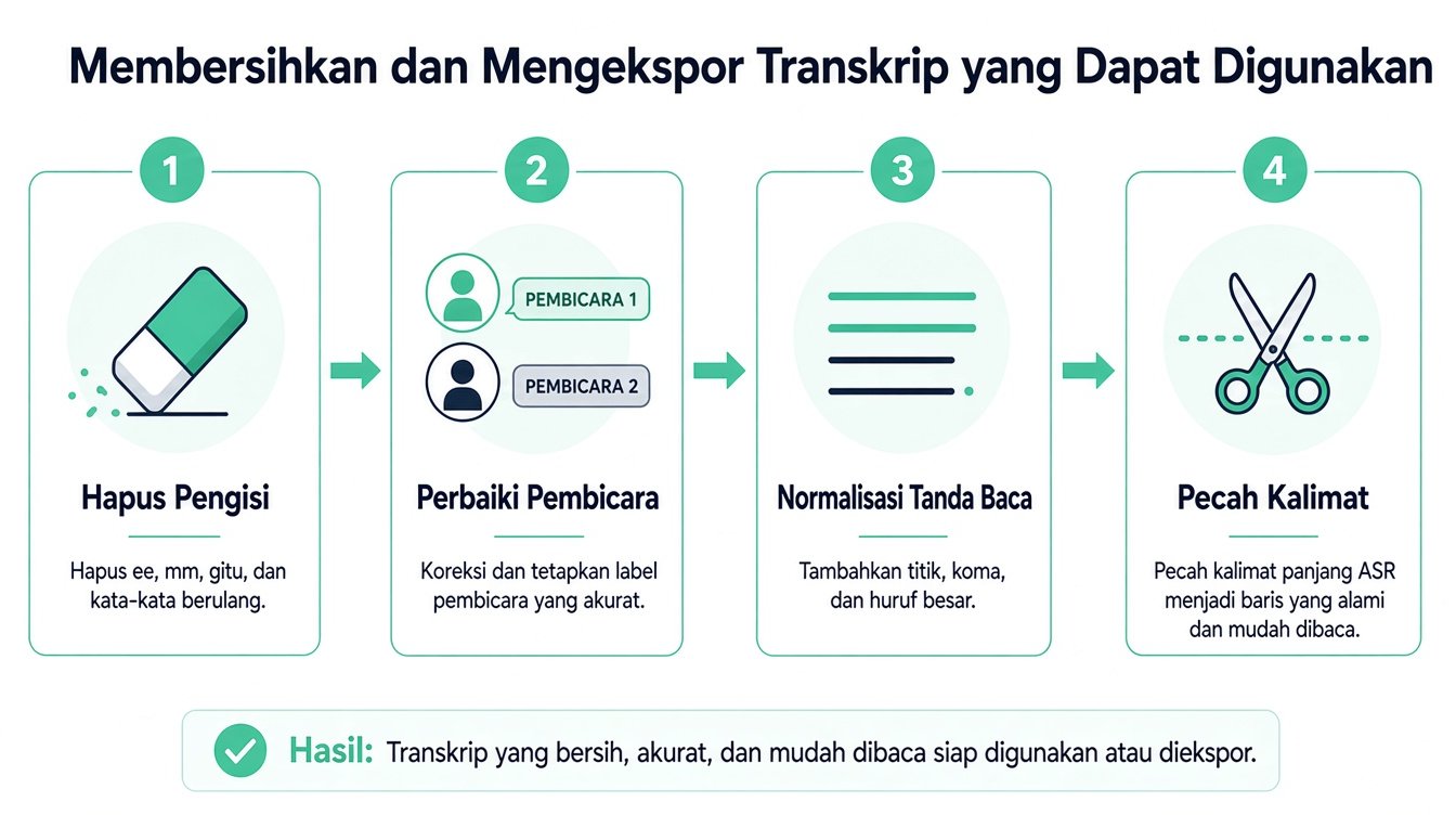 Infografis empat langkah yang mengilustrasikan proses membersihkan dan memformat transkrip agar lebih mudah dibaca.