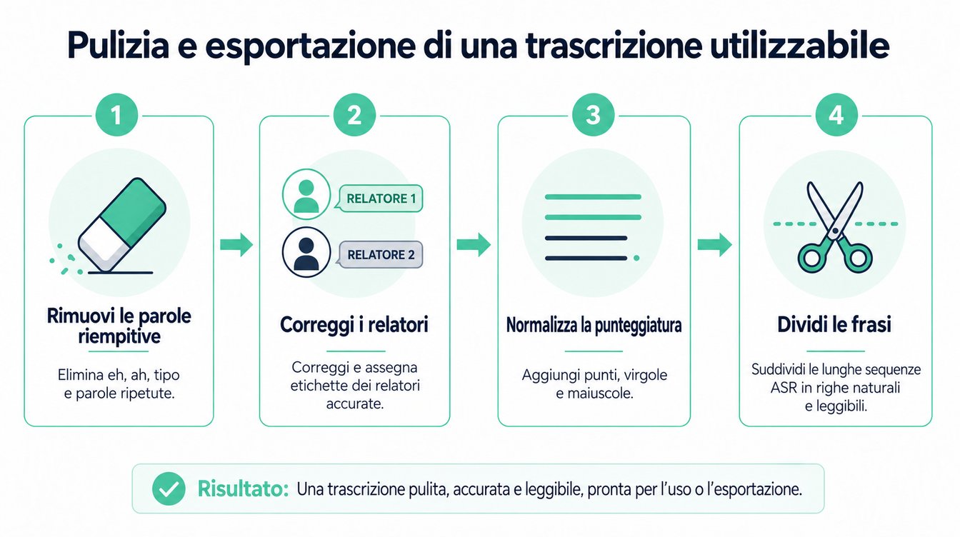 Infografica in quattro passaggi che illustra il processo di pulizia e formattazione di una trascrizione per migliorarne la leggibilità.