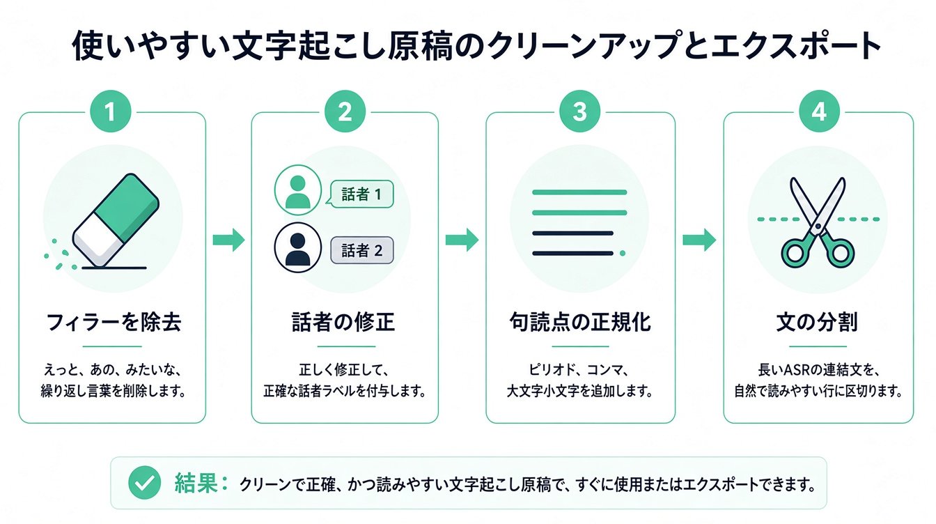 文字起こしを整理し、読みやすくフォーマットする手順を4段階で示したインフォグラフィック。