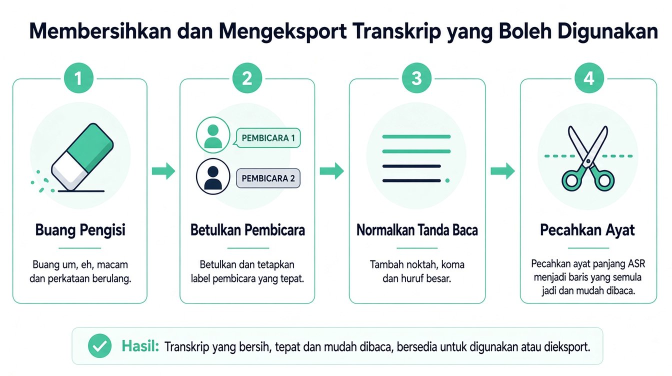 Infografik empat langkah yang menggambarkan proses membersihkan dan memformat transkrip untuk kebolehbacaan yang lebih baik.