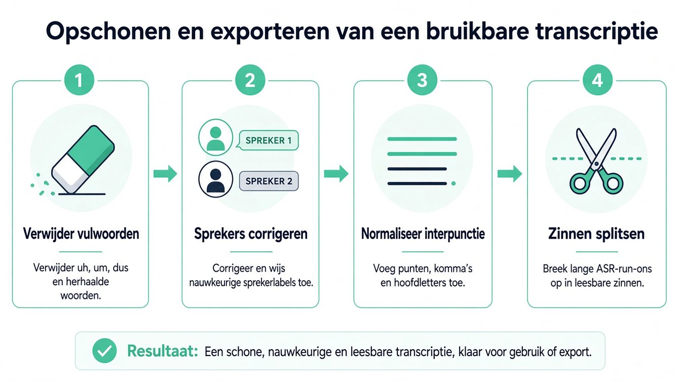 Een infographic in vier stappen die het proces illustreert van het opschonen en formatteren van een transcript voor betere leesbaarheid.