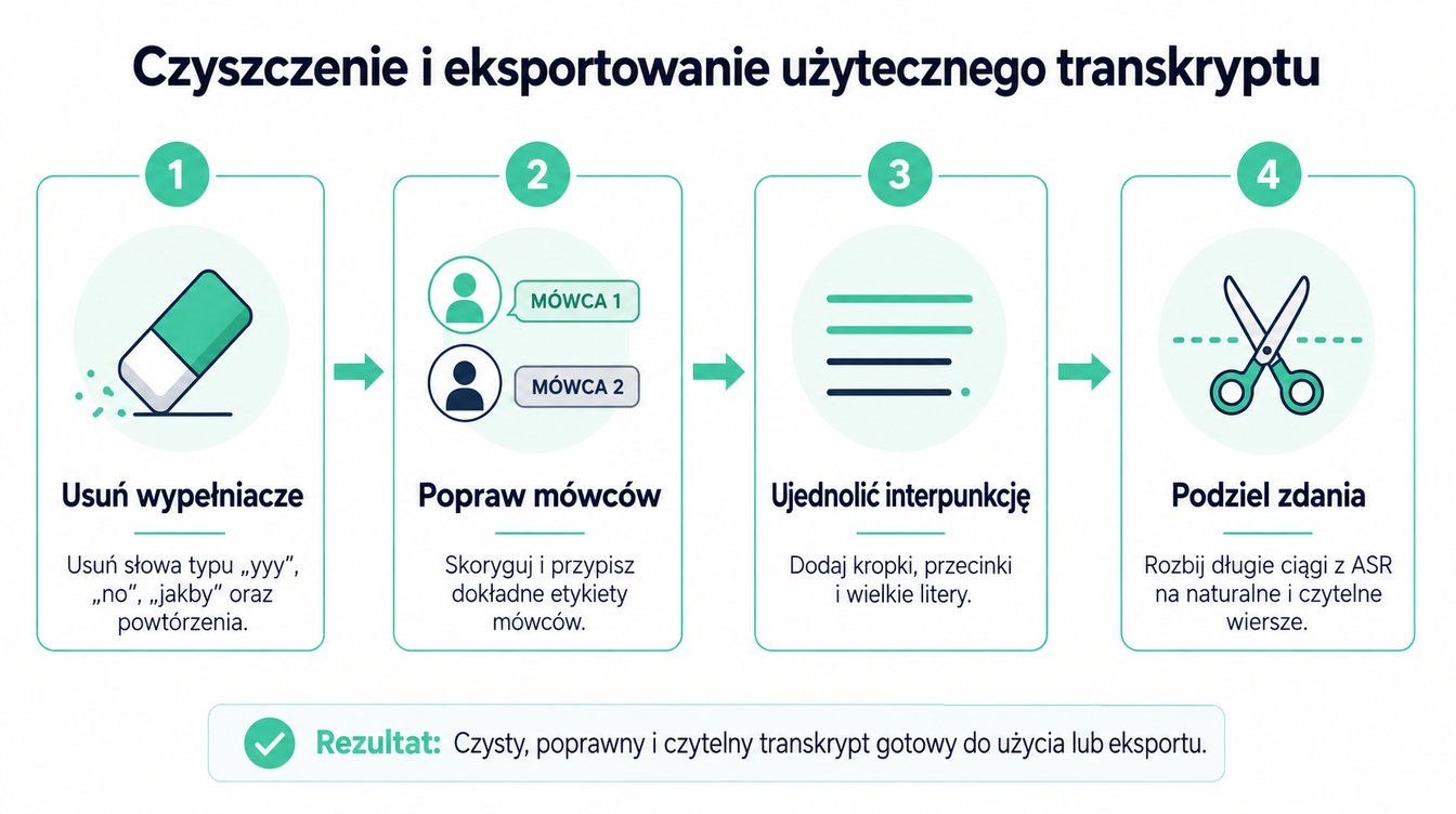 Infografika z czterema krokami ilustrująca proces czyszczenia i formatowania transkrypcji dla lepszej czytelności.