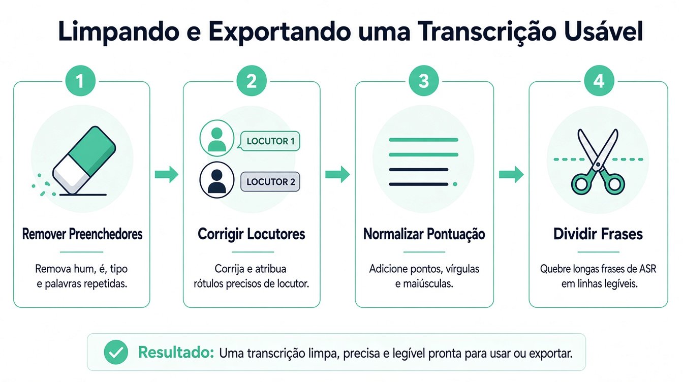 Um infográfico de quatro etapas ilustrando o processo de limpeza e formatação de uma transcrição para melhorar a legibilidade.