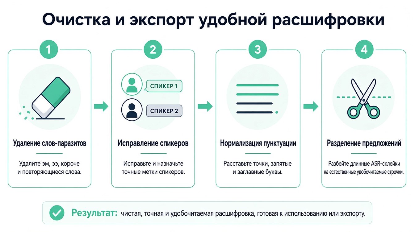 Инфографика из четырёх шагов, показывающая процесс очистки и форматирования расшифровки для лучшей читабельности.