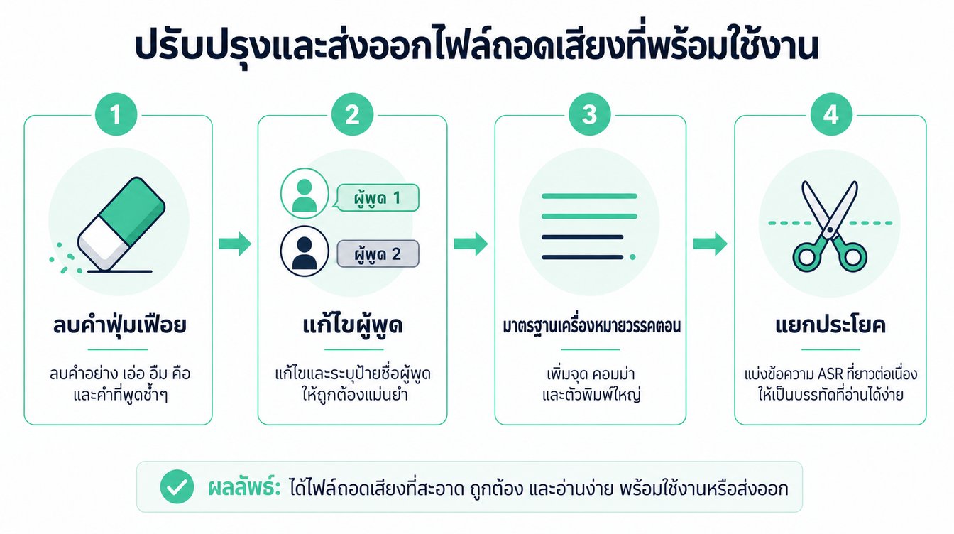อินโฟกราฟิกสี่ขั้นตอนที่แสดงกระบวนการทำความสะอาดและจัดรูปแบบทรานสคริปต์ให้อ่านง่ายขึ้น