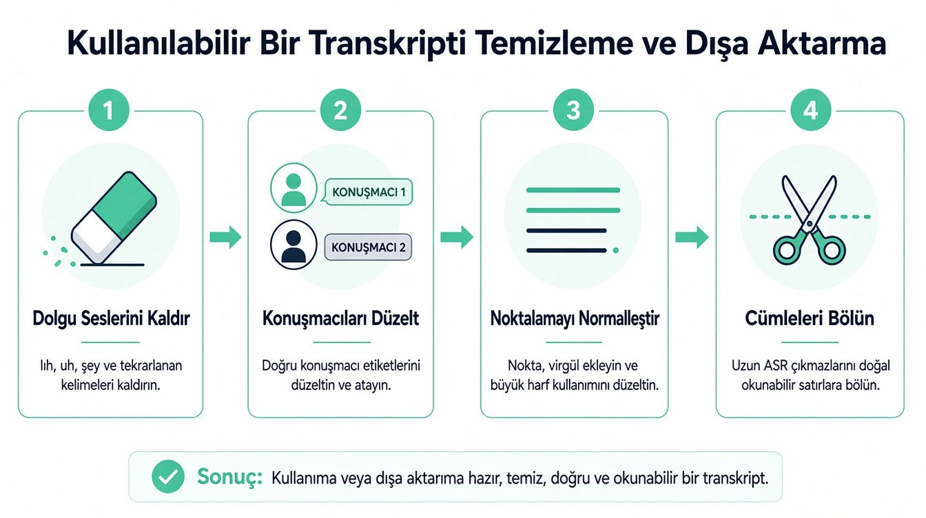 Bir transkripti daha iyi okunabilirlik için temizleme ve biçimlendirme sürecini gösteren dört adımlı bir infografik.