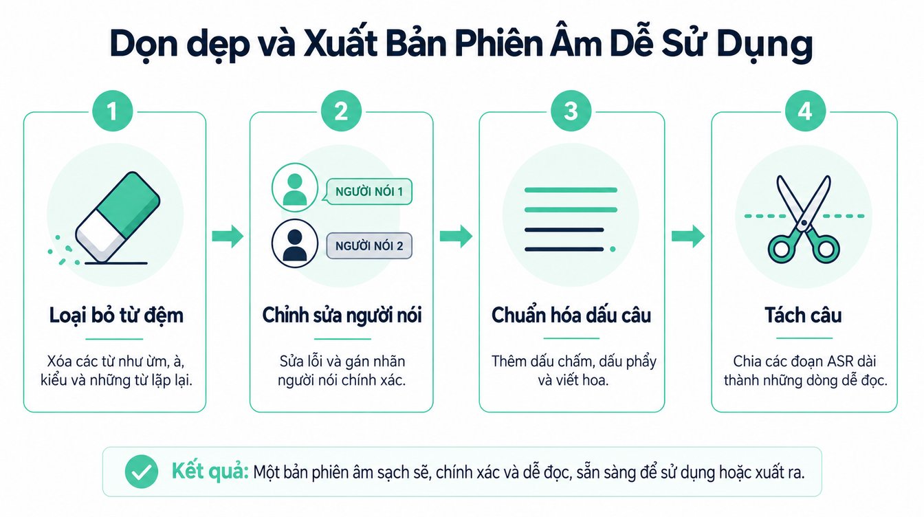 Infographic bốn bước minh họa quá trình dọn dẹp và định dạng một bản ghi để dễ đọc hơn.