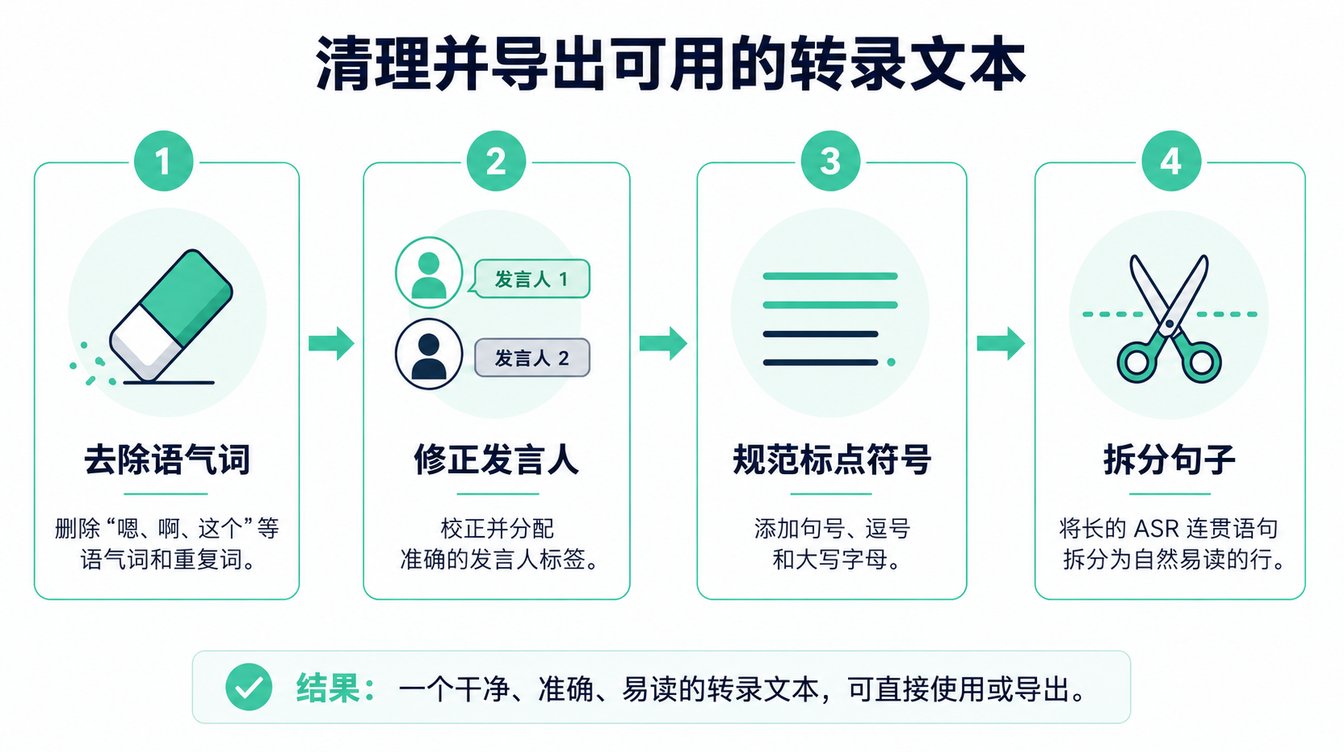 一张四步信息图,展示清理和格式化文字稿、提升可读性的过程。