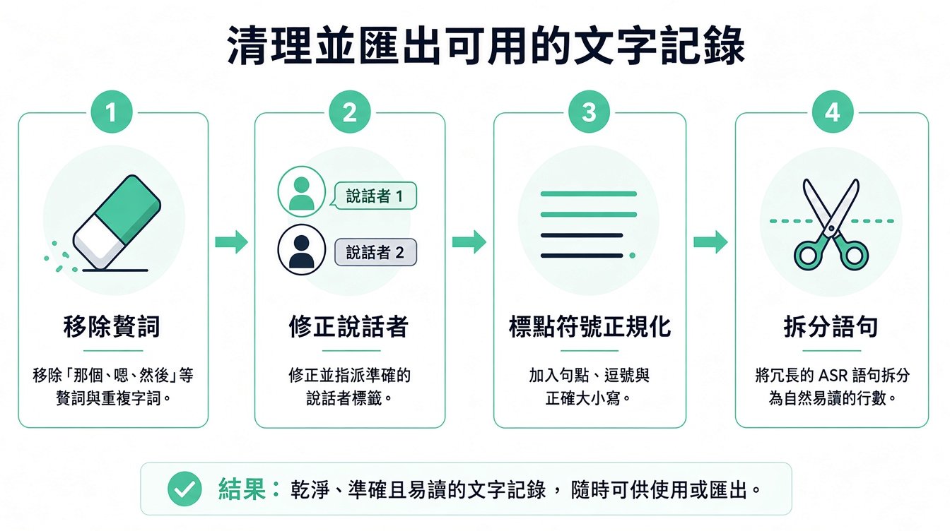一張四步驟資訊圖,說明清理及格式化逐字稿以提升可讀性的流程。