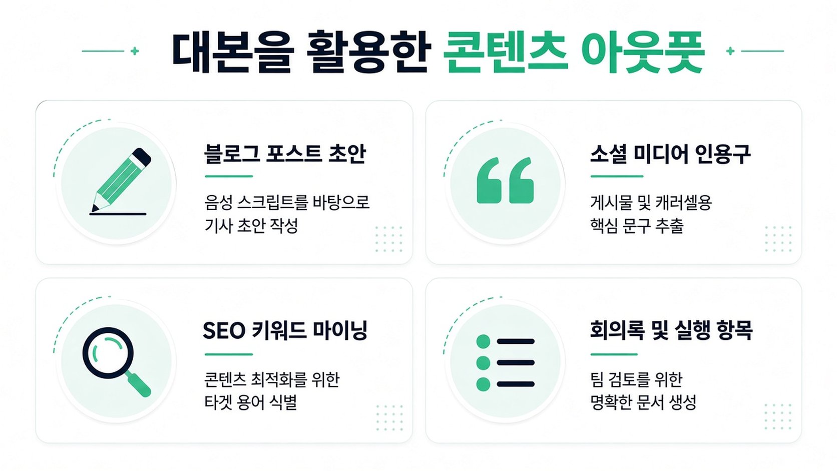 트랜스크립트를 블로그, 소셜 미디어, 노트 등의 콘텐츠로 재활용하는 네 가지 방법을 보여주는 그래픽 다이어그램.