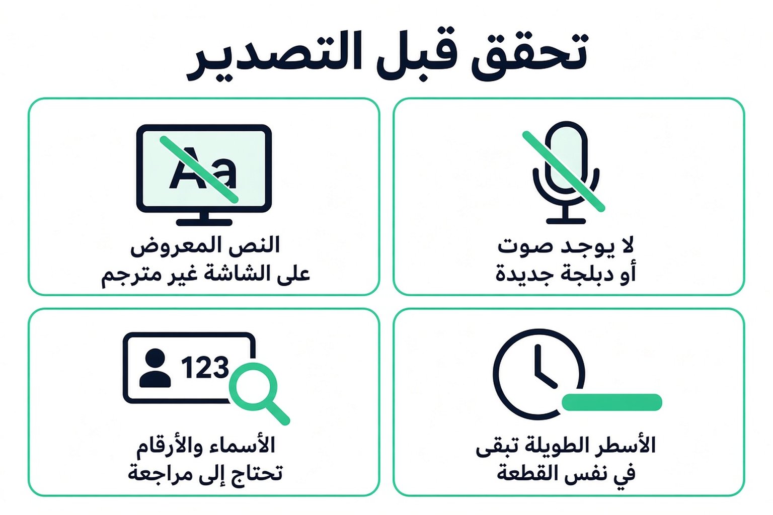 فحوص قبل تصدير نص مكتوب مترجم: النص الظاهر على الشاشة، وعدم ظهور صوت جديد، والأسماء والأرقام، والأسطر الطويلة في المقطع نفسه