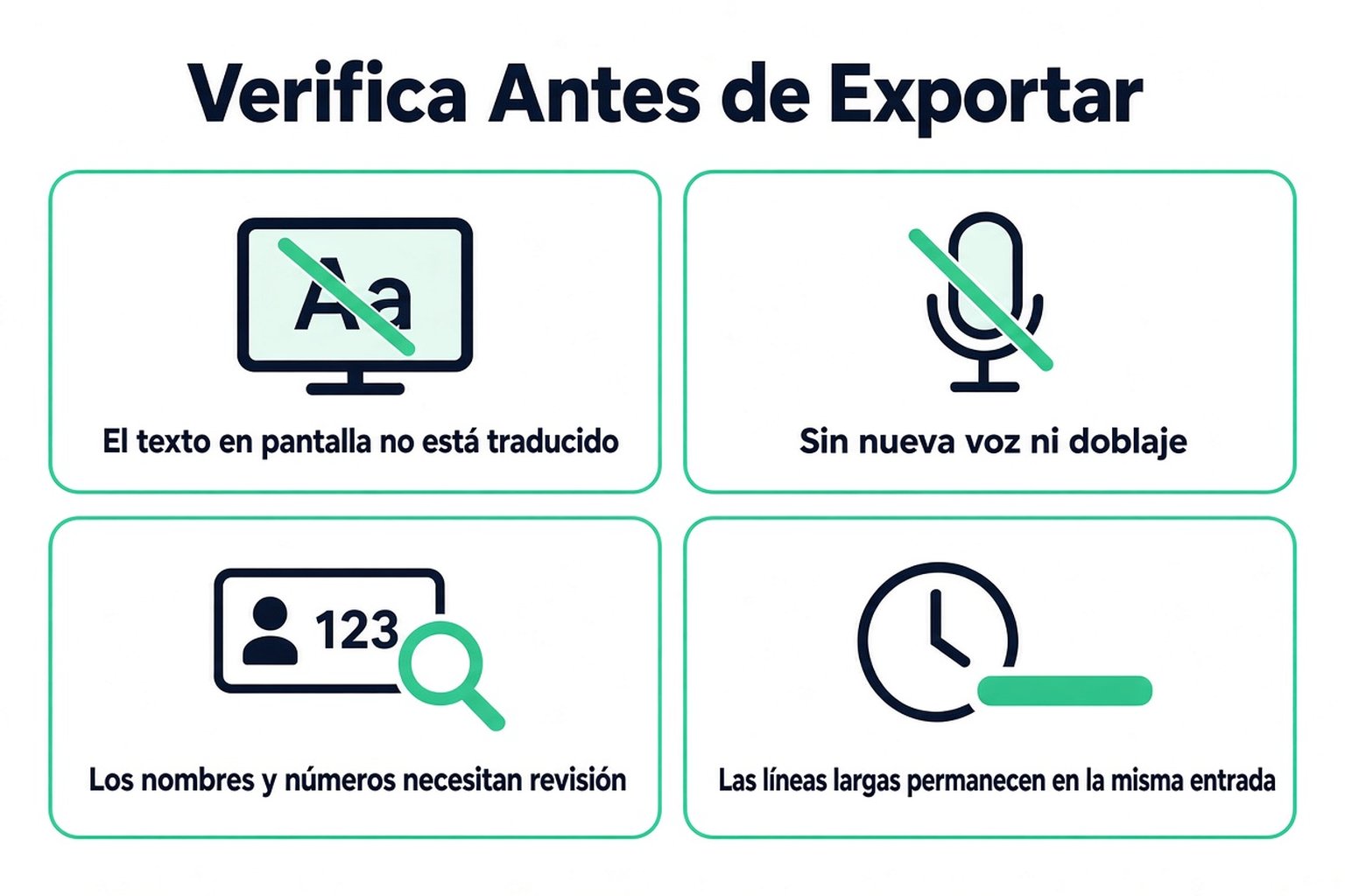 Comprobaciones antes de exportar una transcripción traducida: texto en pantalla, sin voz nueva, nombres y números, y líneas largas en el mismo subtítulo