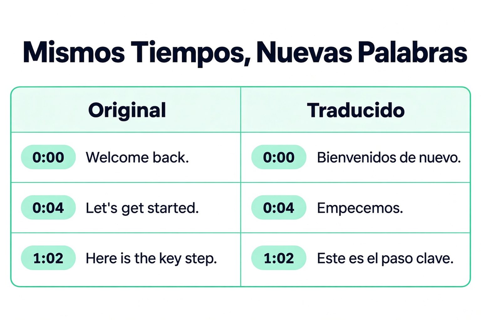 Líneas de transcripción original y traducida una al lado de la otra con las mismas marcas de tiempo