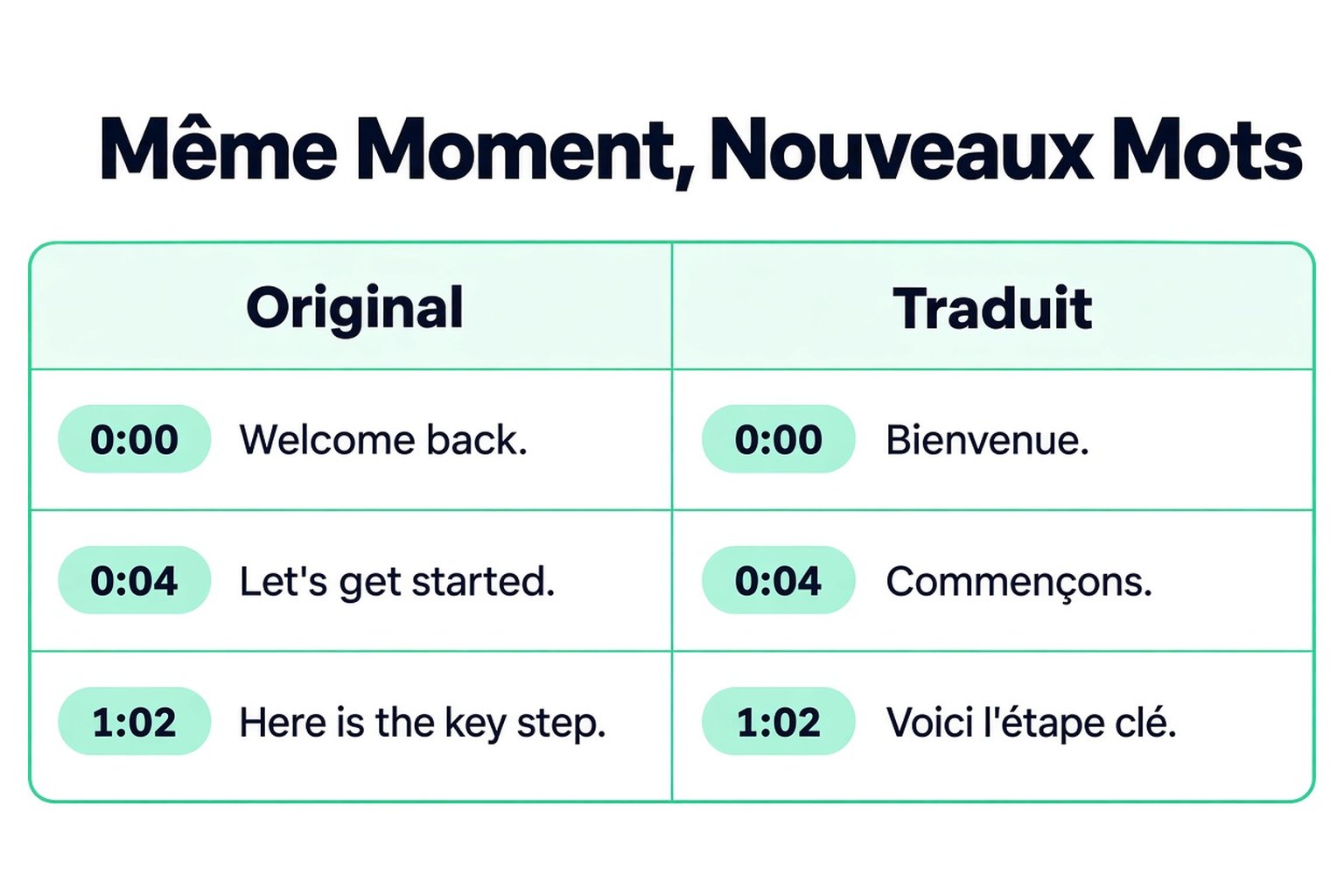 Les lignes de transcription originale et traduite côte à côte avec les mêmes horodatages