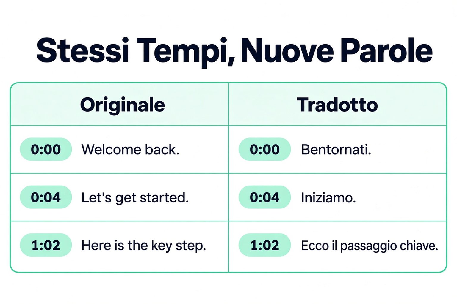Righe della trascrizione originale e tradotta affiancate con gli stessi timestamp