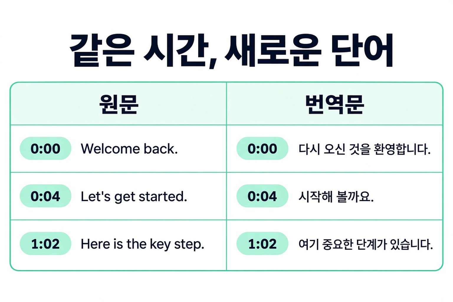 같은 타임스탬프를 가진 원문과 번역 스크립트 줄을 나란히 배치
