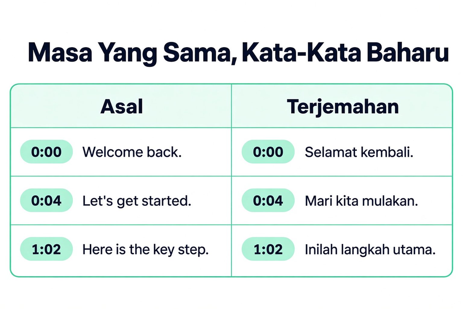 Baris transkrip asal dan terjemahan bersebelahan dengan cap masa yang sama