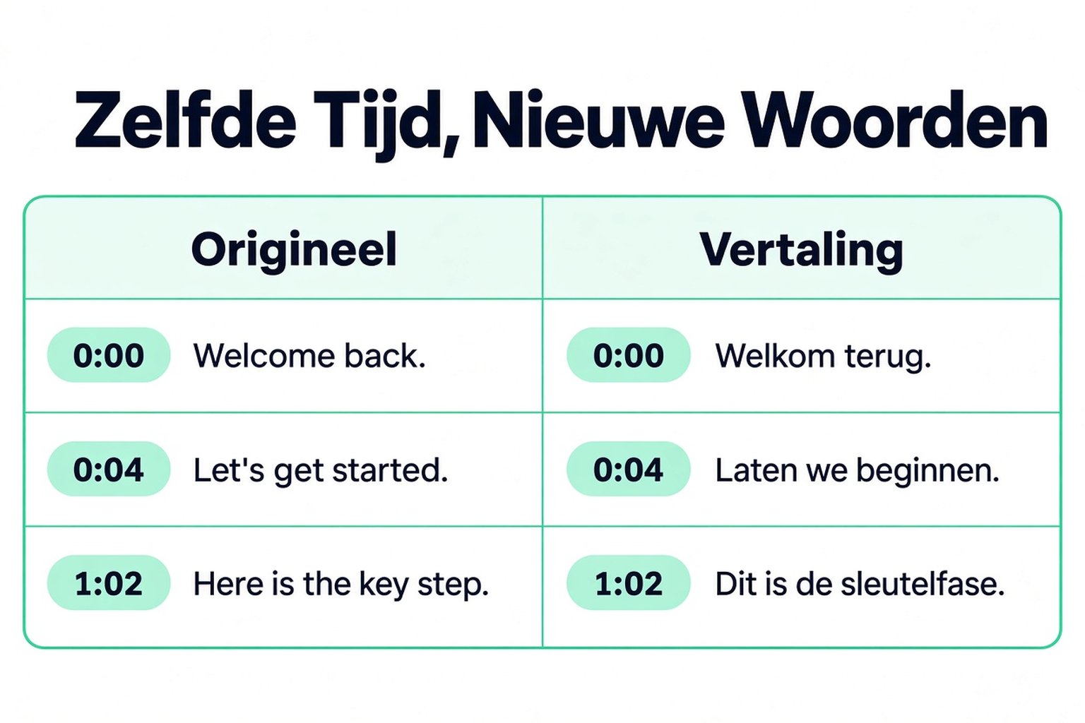 Originele en vertaalde transcriptregels naast elkaar met dezelfde tijdstempels