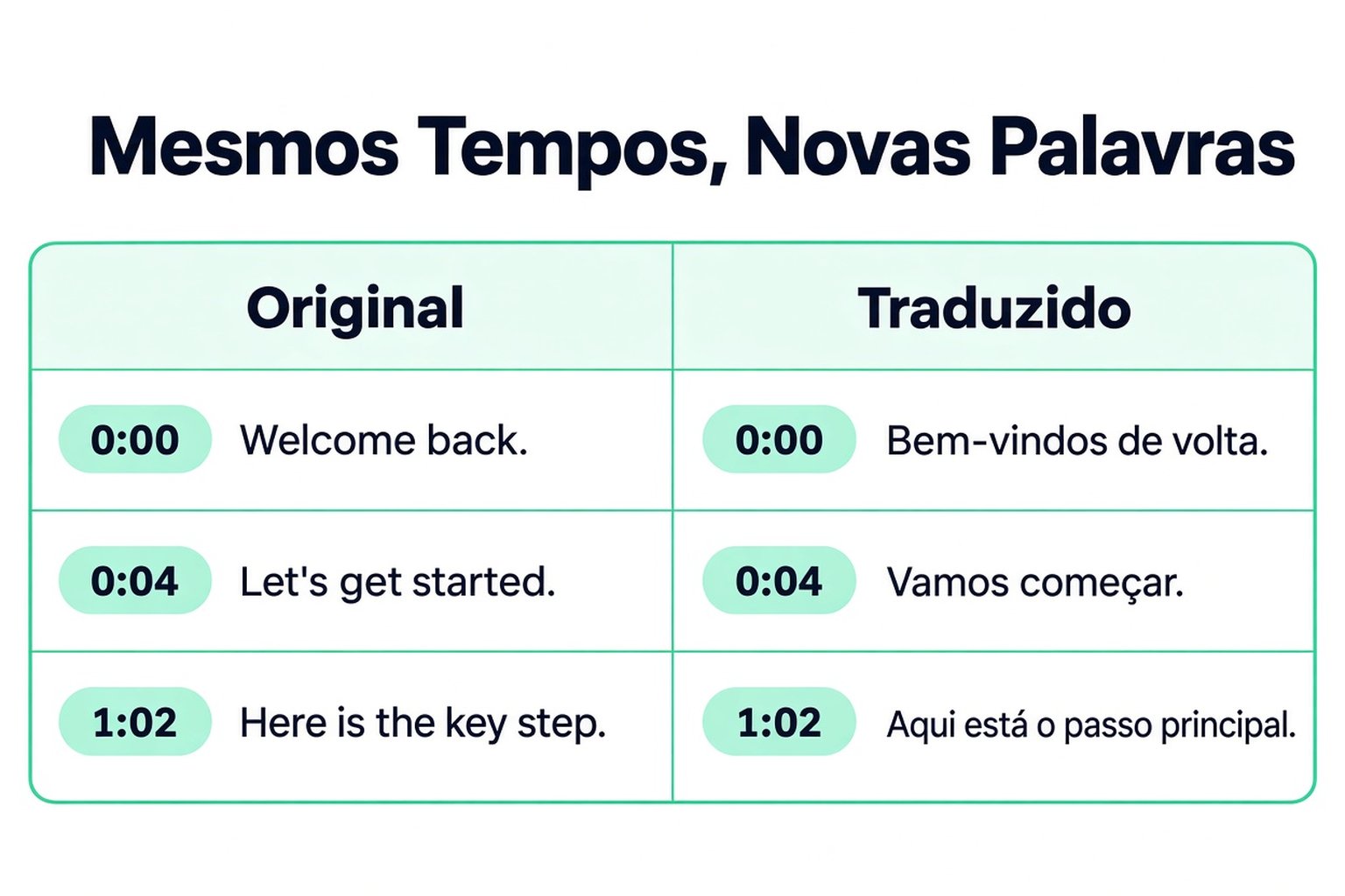 Linhas de transcrição original e traduzida lado a lado com as mesmas marcações de tempo