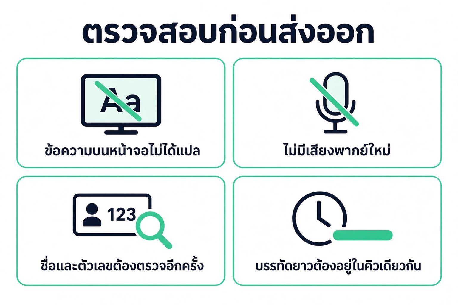 การตรวจสอบก่อนส่งออกข้อความถอดความที่แปลแล้ว ข้อความบนหน้าจอ ไม่มีเสียงใหม่ ชื่อและตัวเลข และบรรทัดยาวในคิวเดียวกัน